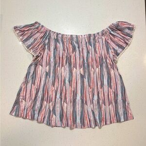 LUSH | Off the Shoulder Striped & Embroidered Pom Poms Blouse Size Large